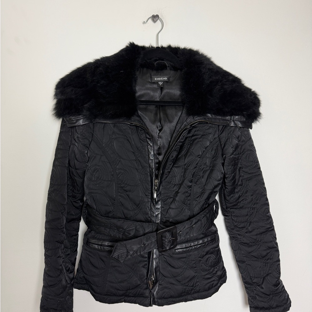 Vintage bebe Black Puffer Jacket Fur Trim